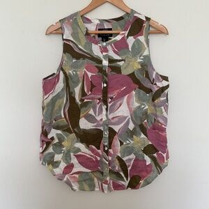 Tahari 100% Linen Tropical Floral Sleeveless Button-Up Blouse Sz L Green Pink
